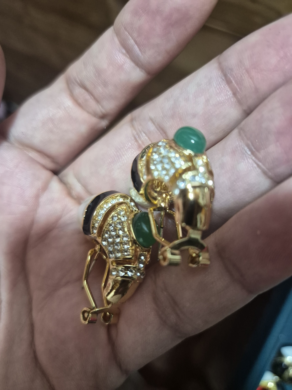 Gold-Tone Clip-On Earrings with Green Cabochon & Crystal Accents